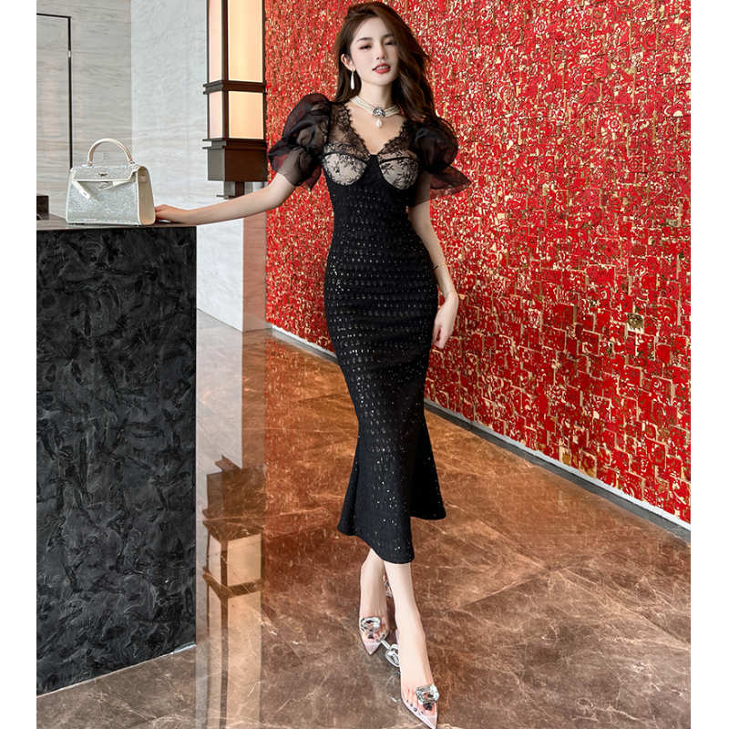 シアーキャンディースリーブレースマーメイドワンピース