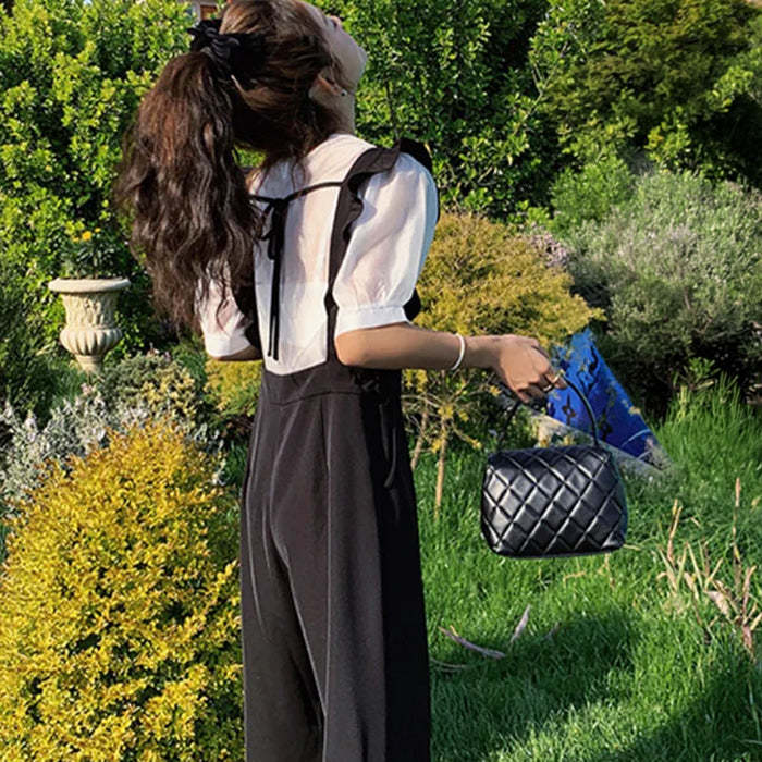 バルーン袖シアーブラウス×フリルショルダーサロペット