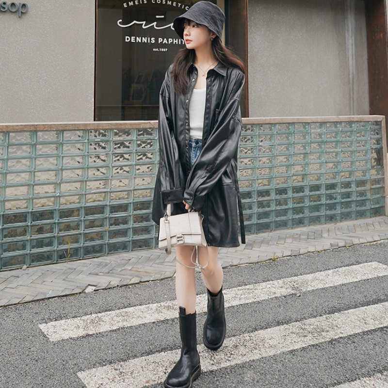 エコレザーオーバーシャツワンピース