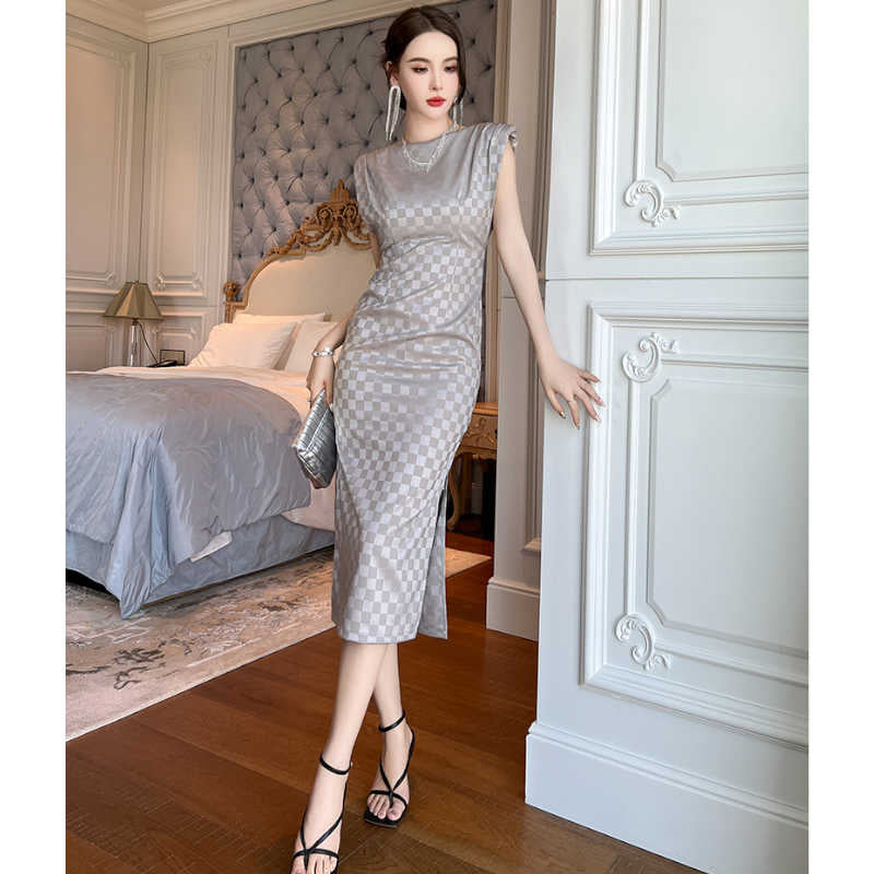 サテン風ブロックチェックフレンチスリーブワンピース