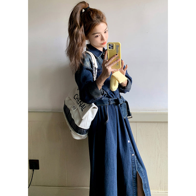 ロング丈デニムシャツワンピース