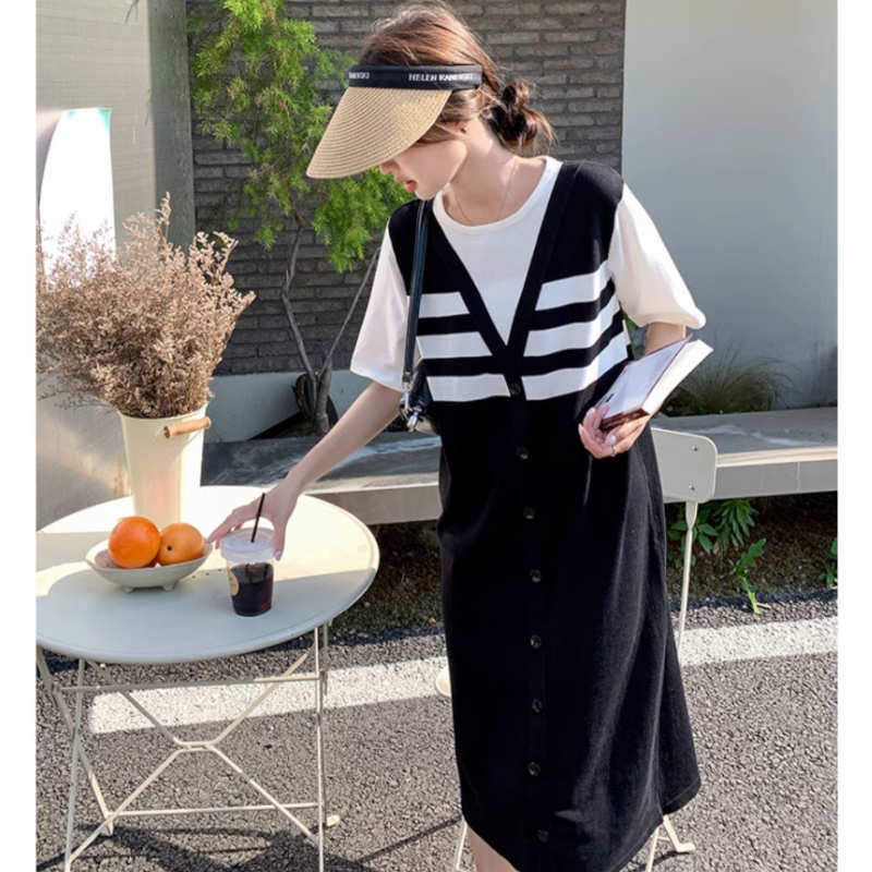 Tシャツコンビフロントボーダーワンピース