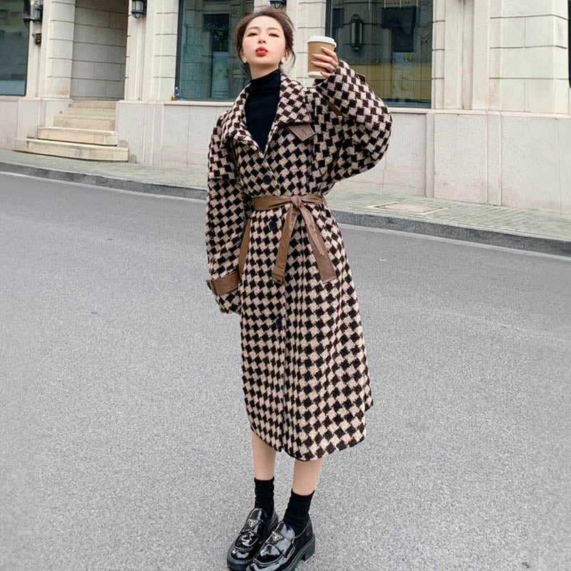 エコレザーコンビダイヤ柄ロングコート(2colors)