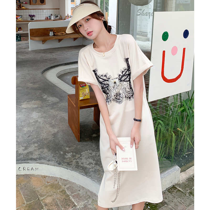 レースプリントゆるTシャツワンピース