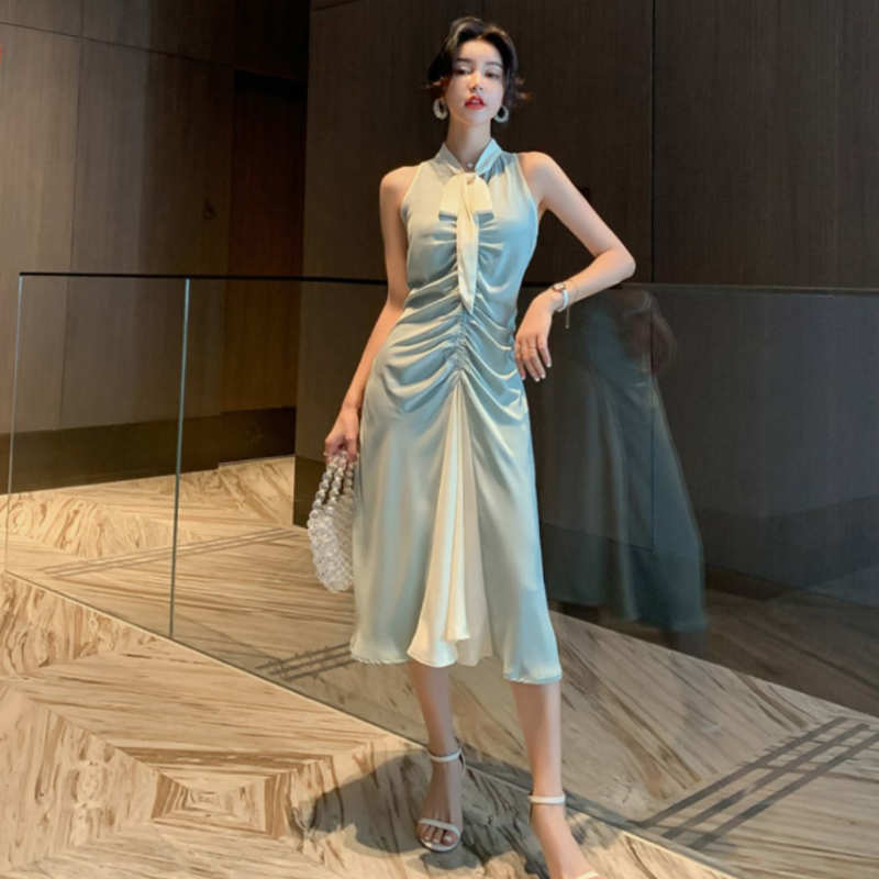 ボウタイフロントギャザーバイカラーワンピース