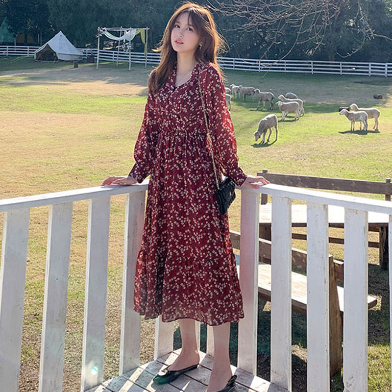 花柄シフォンロングワンピース