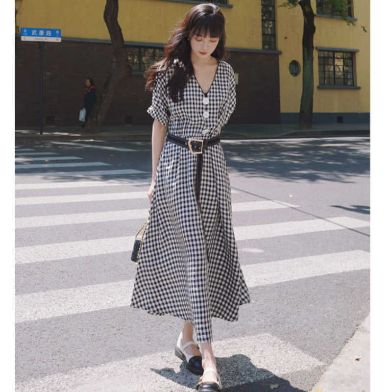 ビッグフロントボタンギンガムチェックマキシワンピース