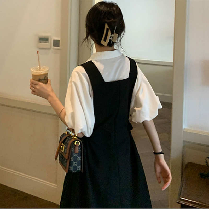 バルーンスリーブシャツ×サイドドローストリングノースリーブマキシワンピース