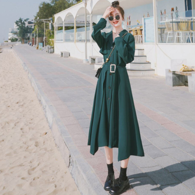 ビンテージ風ベルト付きVネックワンピース(2colors)