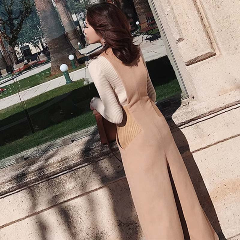 スリット入りハイネックリブニット×Vネックリブウエストサロペットパンツ(2colors)