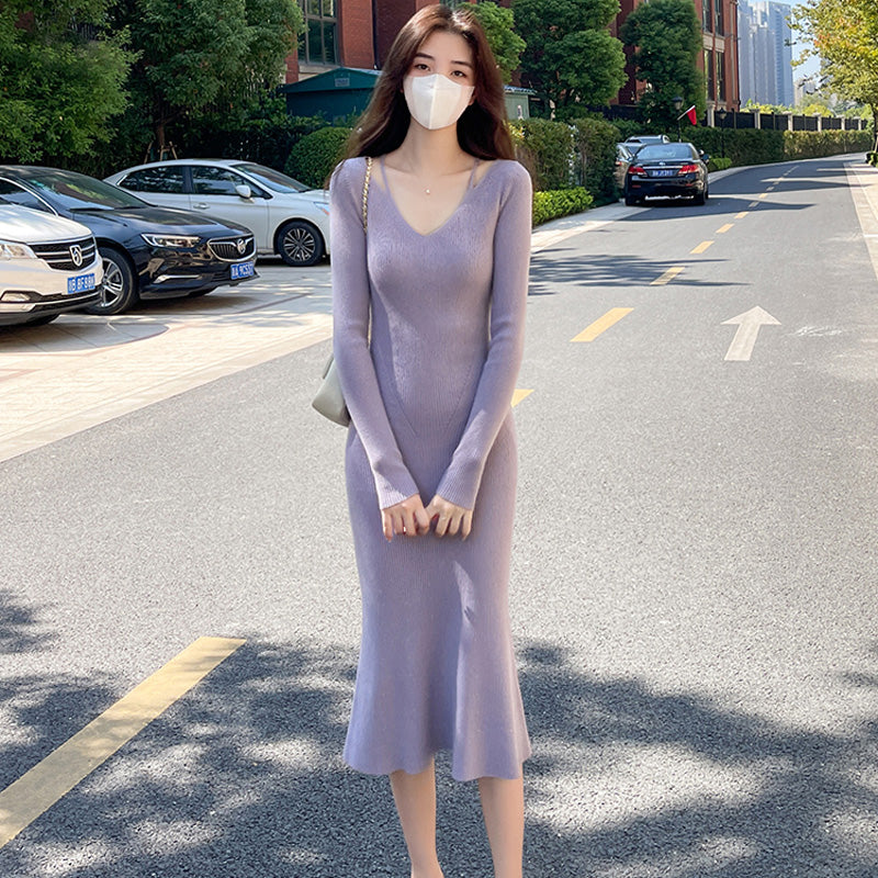 Vネックタイトニットワンピース(5colors)