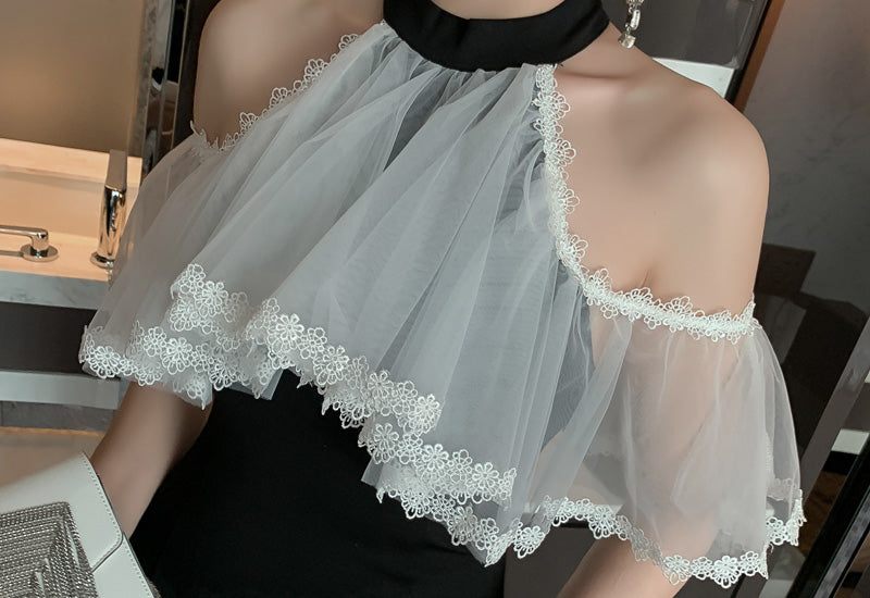 シアーラッフルコンビオープンショルダーペンシルワンピース