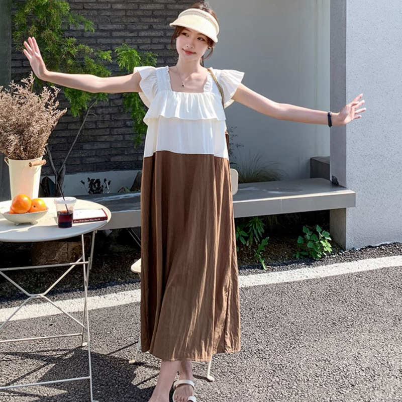 ラッフルスクエアネックバイカラーマキシワンピース