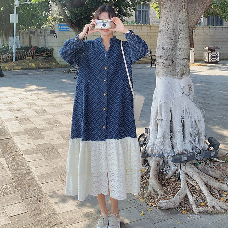 ジャガードデニム×レースティアードロングワンピース