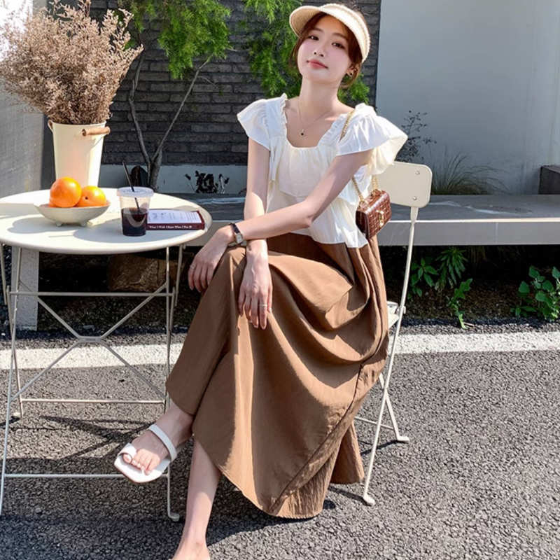 ラッフルスクエアネックバイカラーマキシワンピース