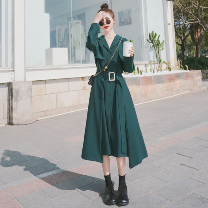 ビンテージ風ベルト付きVネックワンピース(2colors)