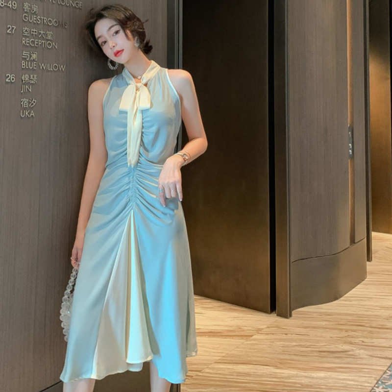 ボウタイフロントギャザーバイカラーワンピース