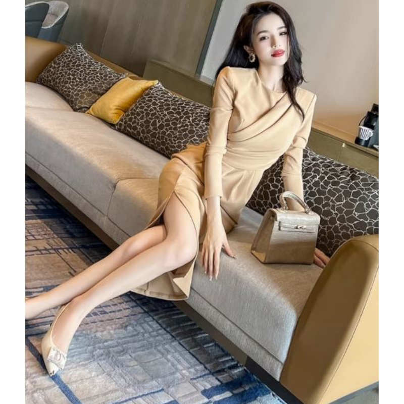 【即納】アシメドレープサイドスリットペンシルワンピース