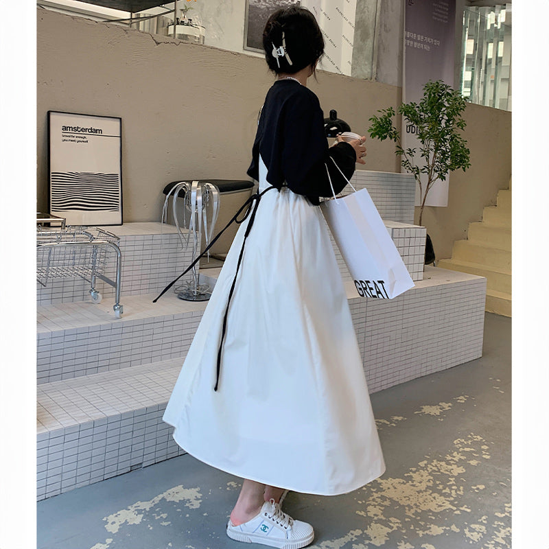 ショート丈ニットトップス×ロング丈シャツコンビ風ワンピース