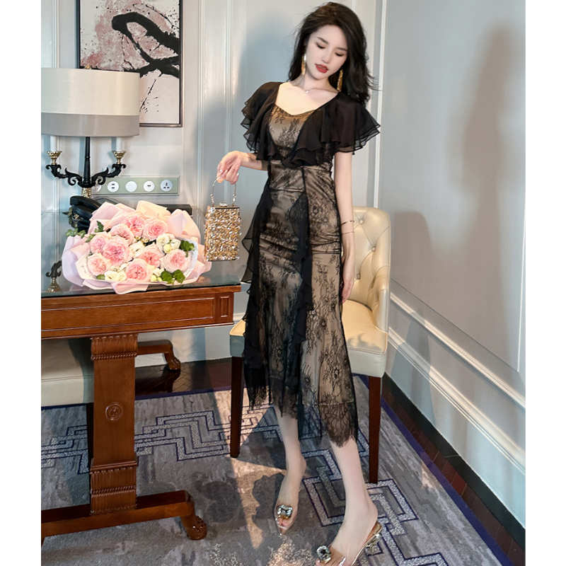 ラッフルケープコンビシアーレースマーメイドワンピース