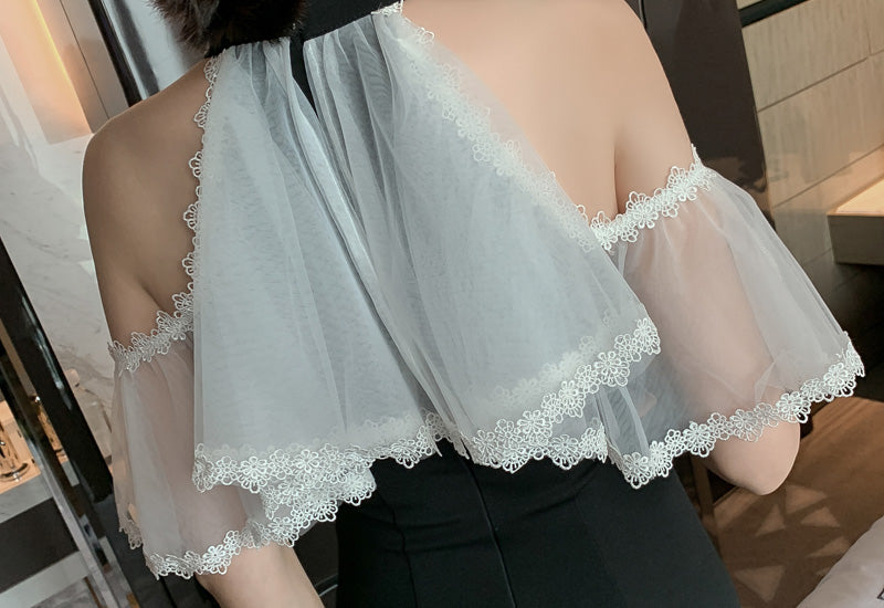 シアーラッフルコンビオープンショルダーペンシルワンピース