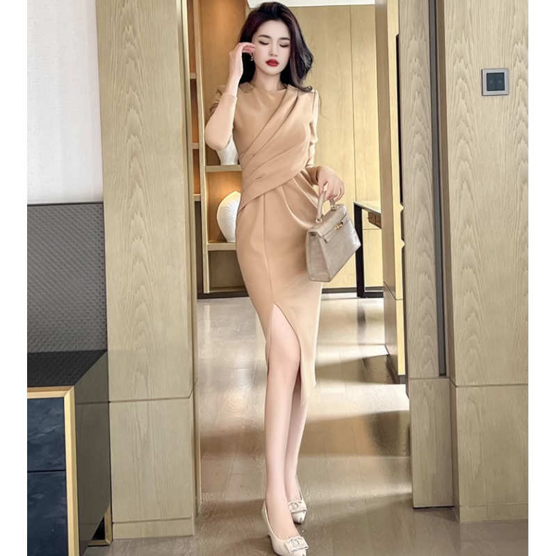 【即納】アシメドレープサイドスリットペンシルワンピース