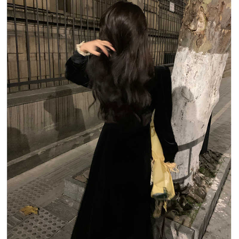 レースコンビフロントボタンベロアロングワンピース