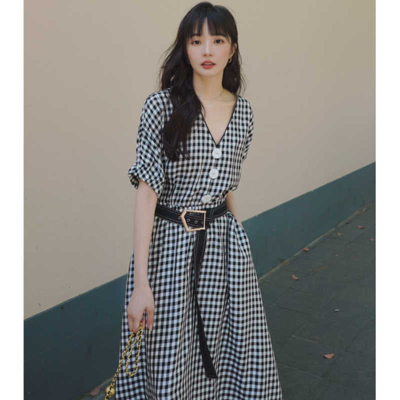 ビッグフロントボタンギンガムチェックマキシワンピース