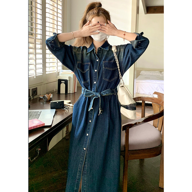 ロング丈デニムシャツワンピース