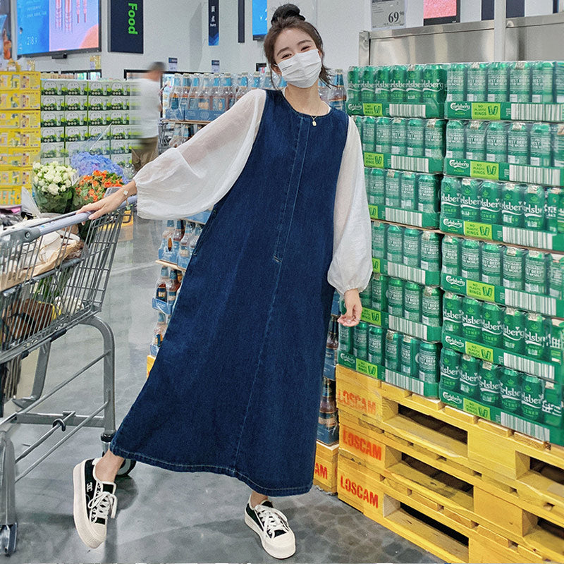 バルーンスリーブシャツ×デニムロングワンピース