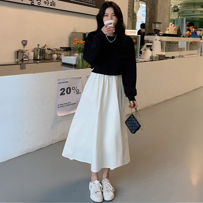 ショート丈ニットトップス×ロング丈シャツコンビ風ワンピース