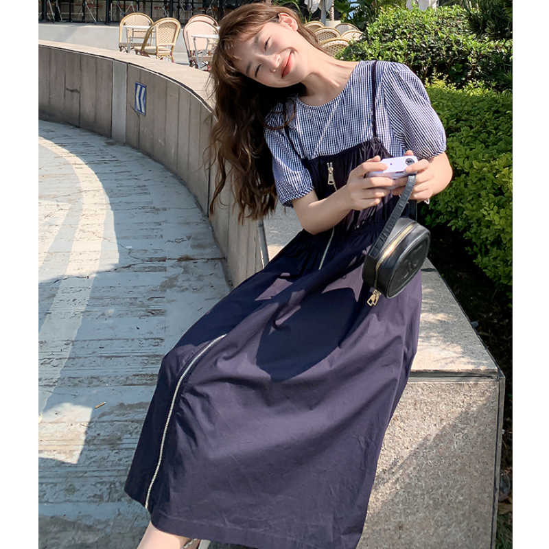 ギンガムチェックブラウスコンビフロントジッパーワンピース