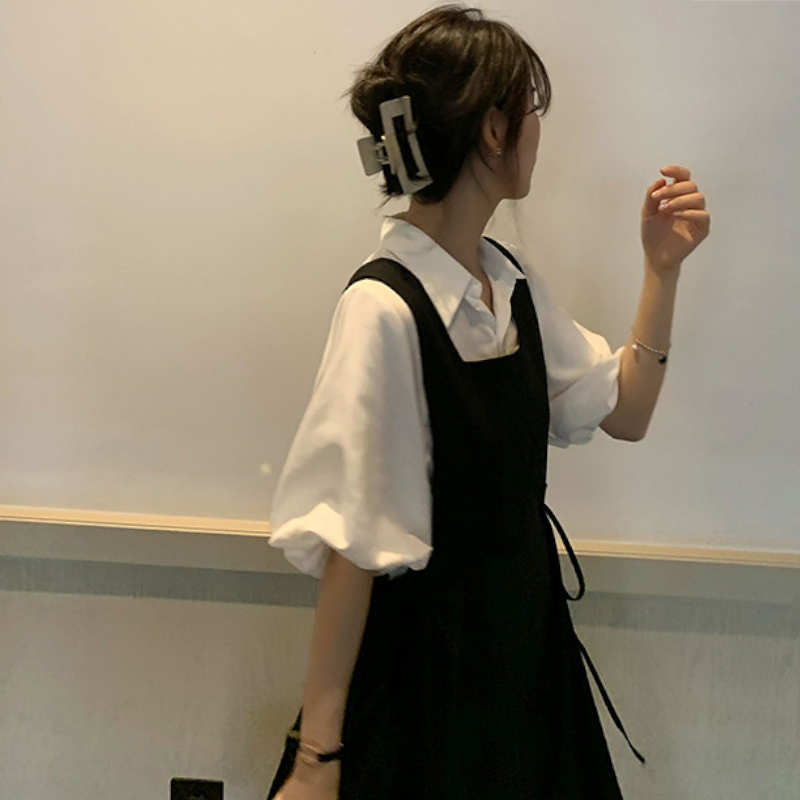 バルーンスリーブシャツ×サイドドローストリングノースリーブマキシワンピース
