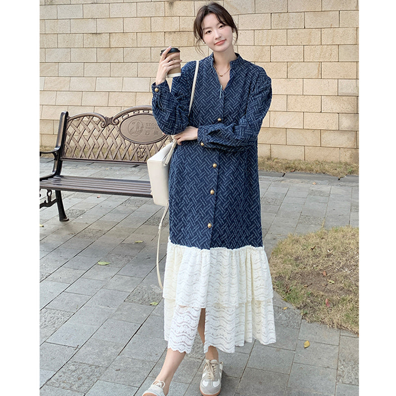 ジャガードデニム×レースティアードロングワンピース