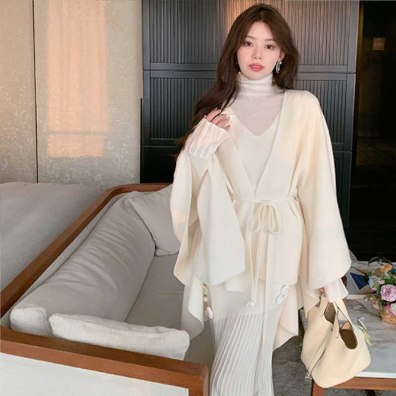 ウエストリボン付きポンチョニットカーディガン