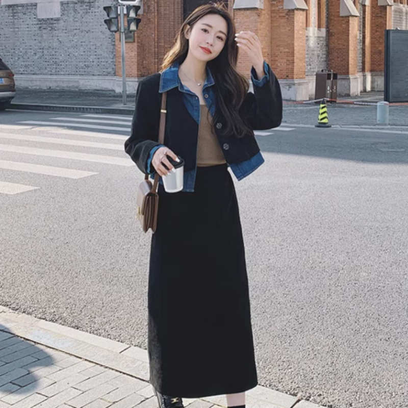 デニムシャツコンビクロップドジャケット×ワイドパンツ or ナロースカート(2colors / 2type)