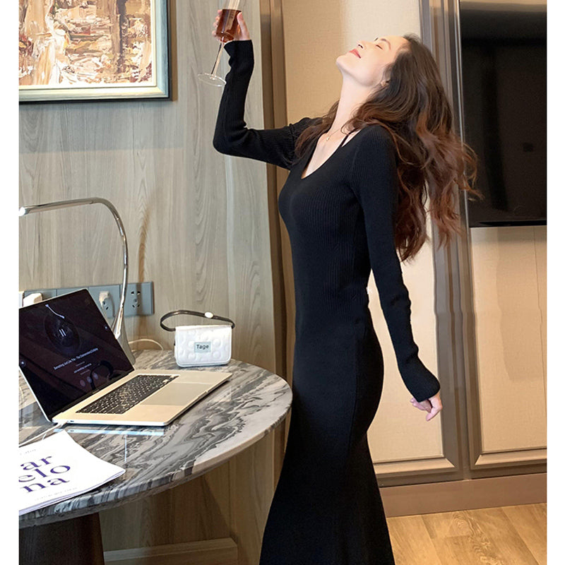 Vネックタイトニットワンピース(5colors)