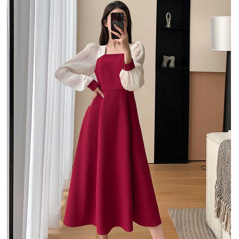 異素材ランタンスリーブバイカラーロングワンピース