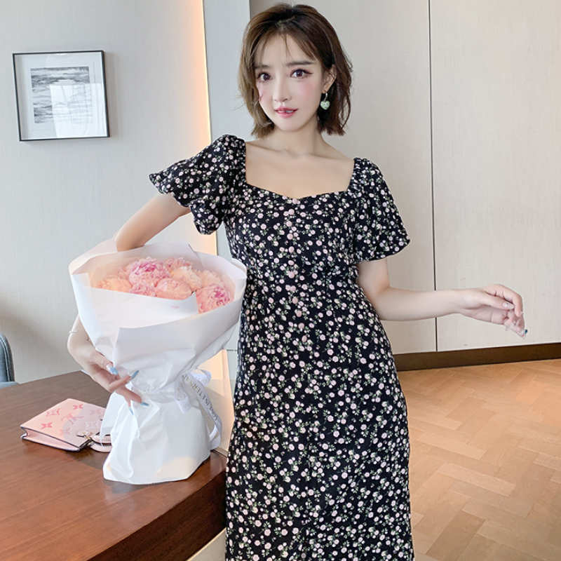 ハートネック小花柄バルーンスリーブマキシワンピース