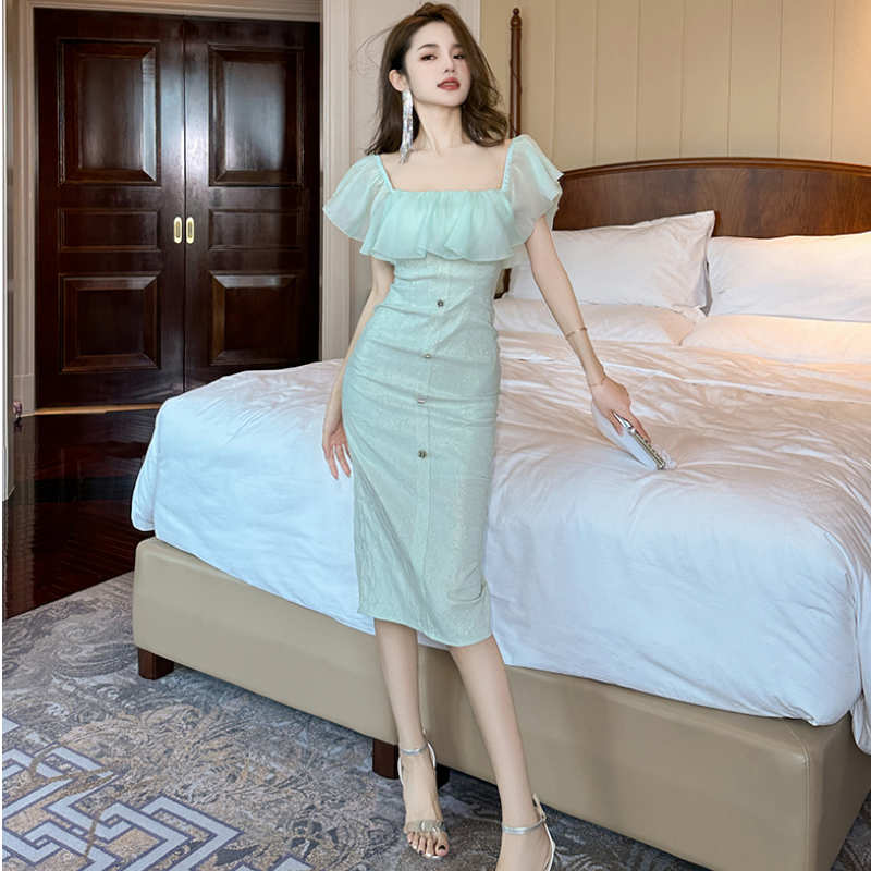 シアーラッフルコンビジャガードペンシルワンピース