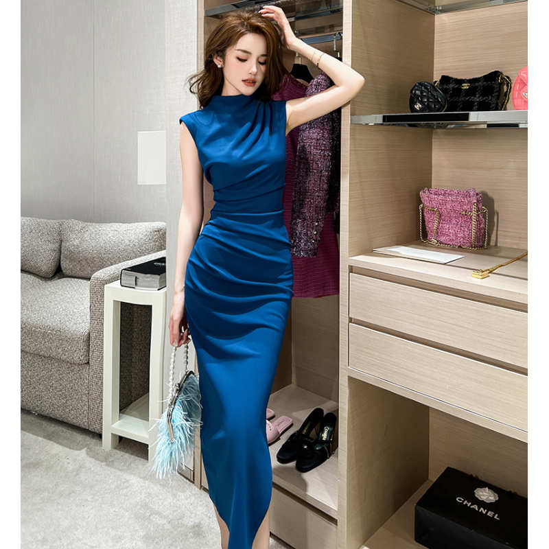 ミニハイネックタック入りスリットペンシルワンピース(2colors)