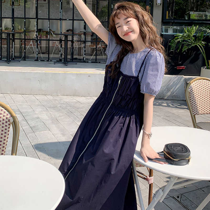 ギンガムチェックブラウスコンビフロントジッパーワンピース