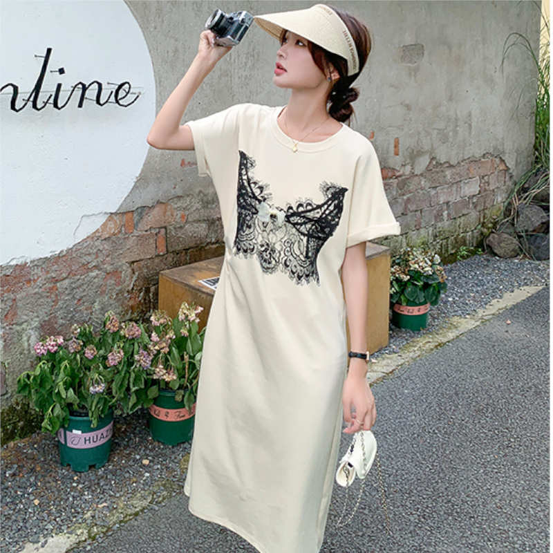 レースプリントゆるTシャツワンピース