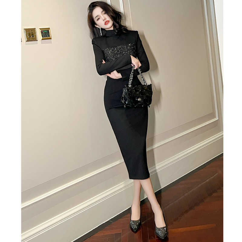 ボトルネックグリッターコンビペンシルワンピース