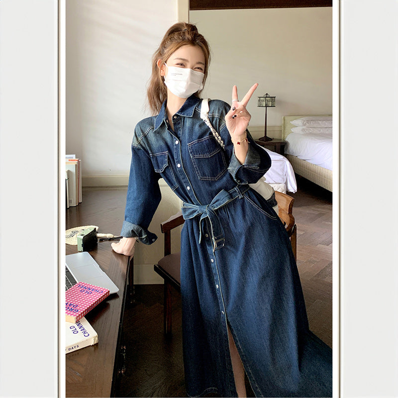 ロング丈デニムシャツワンピース