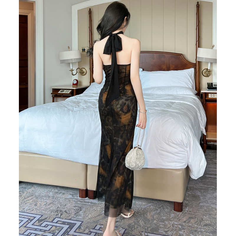 シアーコンビモダンプリントホルターネックマキシワンピース