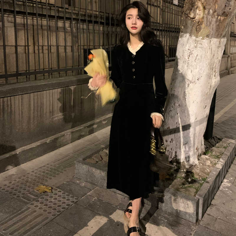 レースコンビフロントボタンベロアロングワンピース