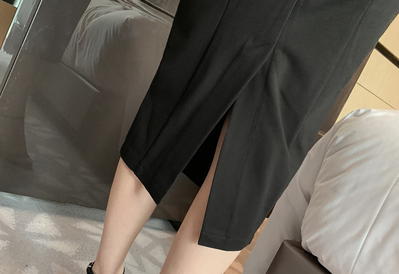 シアーラッフルコンビオープンショルダーペンシルワンピース