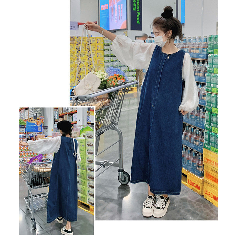 バルーンスリーブシャツ×デニムロングワンピース