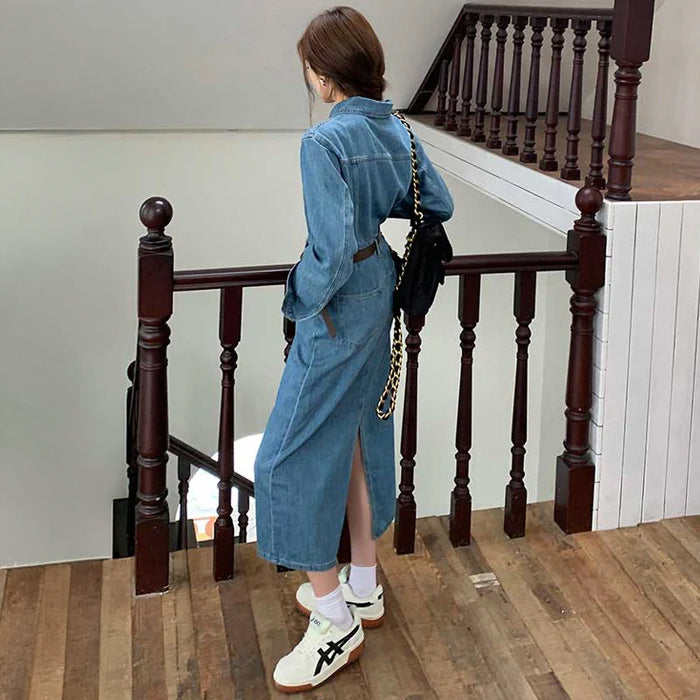 ベルト付きフロントボタンデニムワンピース